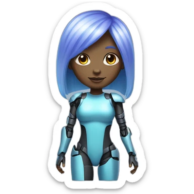 A girl with light blue hair. She has dark skin. Her hair is very long and straight. Plus she has bangs. She has purple eyes. She has a robotic arm. She's wearing a sci-fi suit. sticker