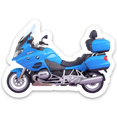 blue BMW R 1200 RT touring motorcycle with rider and saddlebags sticker