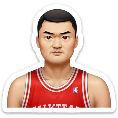 Yao Ming – Cinematic Realistic Portrait of Yao Ming, depicted as a towering basketball icon in a modern uniform, with a gentle yet determined expression and dynamic arena lighting that highlights his immense stature and graceful athleticism. sticker