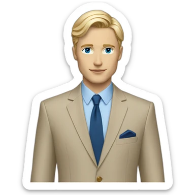 a blonde hair business man with blue eyes wears a beige gucci suit  sticker