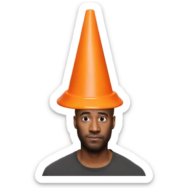 Orange traffic cone on a guy head who hide eyes sticker