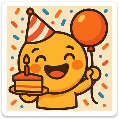 Change the party hat to red with white stripes, keep the rest of the emoji the same, bright cartoon style with confetti background. sticker