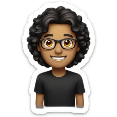 Caramel smiling man, dark brown eyes, black long wavy hair, no facial hair, thin and long nose, round glasses, black t shirt sticker