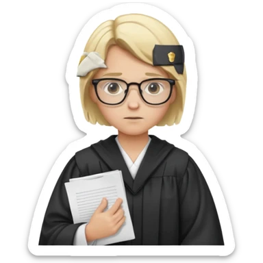 Young judge, blonde hair with glasses and robe, hold a paper sticker