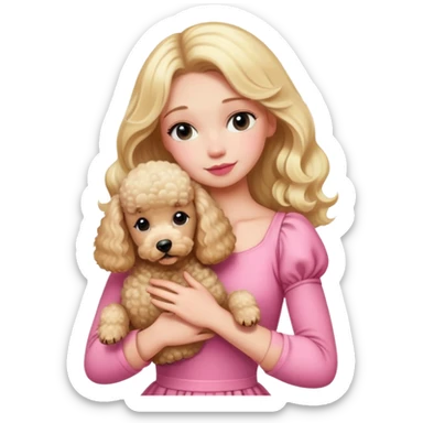Blonde girl wearing pink dress hugging her a poodle sticker