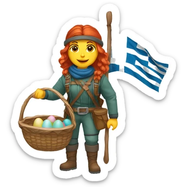 red hair female winter mountaineer with Greek flag and easter basket sticker