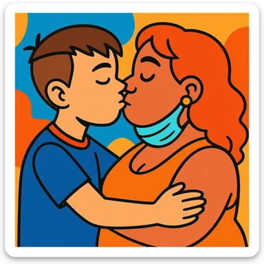 colorful cartoon style image of a boy with short brown hair shaved on the sides and fringe, without glasses, kissing a robust woman with red hair and a mask on her neck sticker