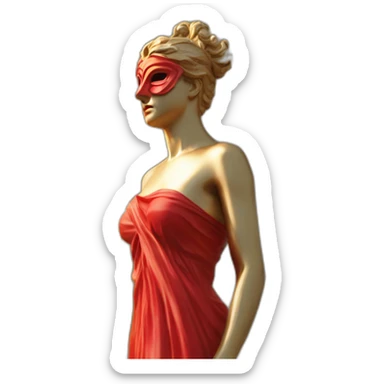 distant view of an abstract renaissance color sculpture of a female figure with a red mask on her face standing on a golden greek ancient style column, 4K resolution sticker