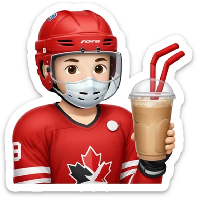 hockey player wearing red drinking an iced coffee wearing a helmet with face mask  sticker