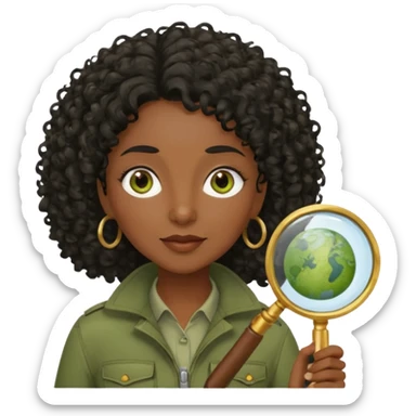 dark skin curly black haired middle-aged woman in moss green explorer outfit, holding magnifying glass sticker
