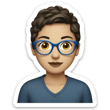 brunette teen with blue glasses, short hair and macbook sticker