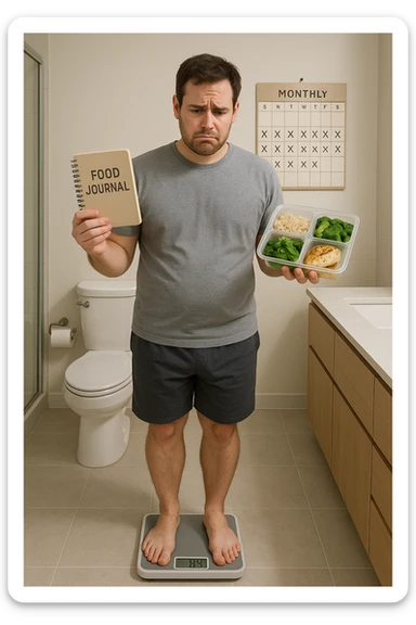 Man in his 30s standing on a bathroom scale, looking disappointed and confused. He holds a food journal and a meal prep container, clearly following a diet. Behind him, a calendar marked with weeks of effort. His body looks the same as before — no visible change. Expression: frustration, lack of motivation. Clean, modern bathroom setting with neutral tones. Digital scale showing the same number as before. Subtle emotional tone: discouragement sticker