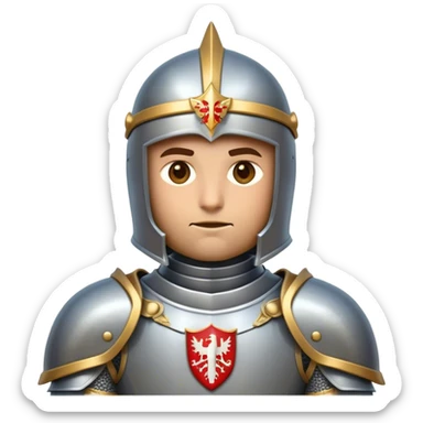 Clash of Clans aesthetic friendly Knight Portrait Emoji, With a noble, armored build featuring a gleaming suit adorned with intricate heraldry and a determined gaze behind a visored helm, his face rendered in a natural skin tone (not yellow), Simplified yet dynamic features, highly detailed, glowing with a cool, steely radiance, high shine, courageous and resolute, stylized with an air of chivalric valor, focused and stalwart, soft glowing outline, capturing the essence of a valiant knight ready to charge into epic quests with honor! sticker