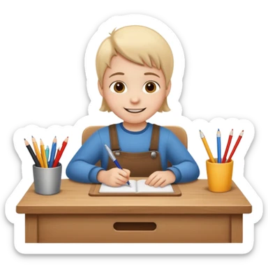a smiling child working hard ata a desk sticker