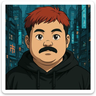 Asian man with a round face, black mustache, red hair, black hoodie, Ghost in the Shell-inspired anime style, large expressive eyes, futuristic city background, high detail sticker
