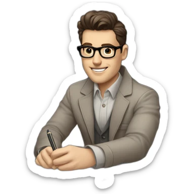 Pale skinned Fit Man With dark brown hair in gray jacket, beige office shirt and vintage glasses sitting In a soft chair with a notebook with emblem Ψ and a pen in his hands sticker