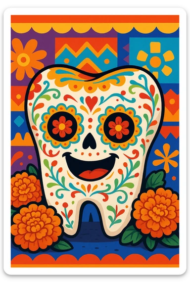 molar tooth celebrating Día de Muertos, with sugar skull details, cempasúchil flowers, and festive Mexican background, fun cartoon style sticker