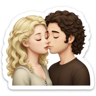 Tall White Italian boy with dark brown wavy fluffy hair and blonde wavy hair girl that's pale with wavy hair kissing with eyes closed  sticker