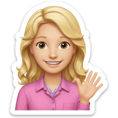 long blonde wavy hair teacher wearing pink saying hello sticker