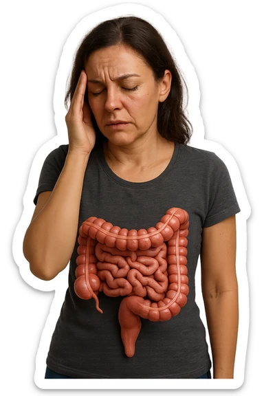 donna stanca che si tiene una mano sulla tempia con intestino umano anatomico visibile, iperrealistico 4k sticker