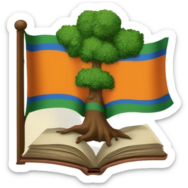 A flag whose left side is orange, whose right side is white, and which has a blue crest in the middle. Inside the crest is a book at the bottom, a tree with green leaves on the right-hand side, and across the top of the crest is the words "ARD MHACHA". sticker