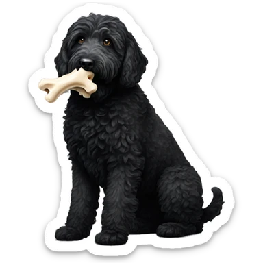 All black labradoodle carrying bone in mouth  sticker