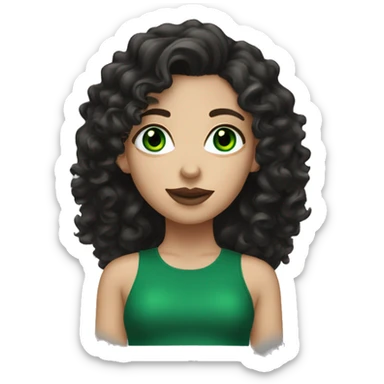 white girl with very green eyes and black long curly hair, and earrings, and green top, and mascara and lipstick sticker