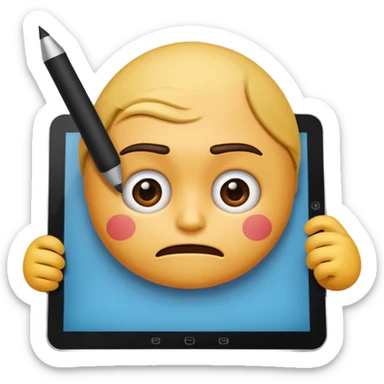 emoji holding and drawing on tablet using a stylus, looking down at screen in frustration sticker