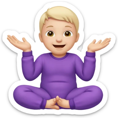Apple-style emoji of a baby wearing a purple onesie, sitting and laughing joyfully, with hands down. sticker