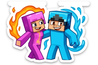 Change the expression of the bottom left character to a mischievous grin, keeping the style and appearance the same, inspired by playful Minecraft-style expressions. Transparent background. sticker