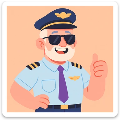 middle-aged male pilot, white skin, silver hair, beard, smiling, wearing sunglasses, pastel toon cartoon style sticker