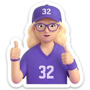 Man with black and white cap, purple sports jersey with number 32, clear glasses, messy light blond mullet hairstyle, thumbs up, content expression sticker