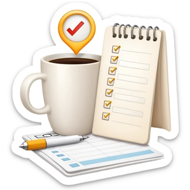 Coffee cup and checklist note connected by a glowing link or chain, showing habit stacking sticker