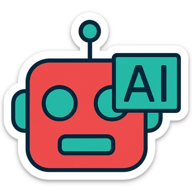 Modern icon for AI tools, stylized robot head or neural network, sleek and simple, in the style of a color outline icon, using a red and teal color scheme, with no background. sticker