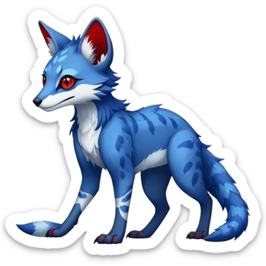 Feral Rare Fantasy sapphire-blue Vernid-Sergal-Genet-species by LiLaiRa, random markings, tufted ears, full body, 4 legs, darker ears, darker legs, red markings, white belly sticker