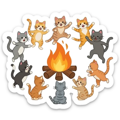 I want 10 cats front of a campfire who are enjoying and they r doing a party sticker