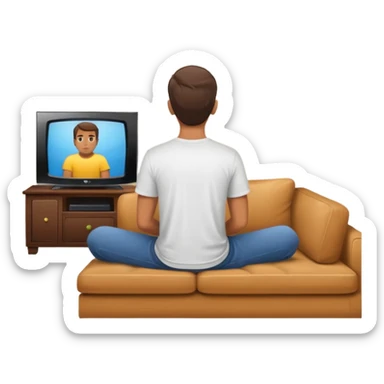 A man photographed from behind, sitting on a sofa and watching the news on TV. The setting is a living room. sticker