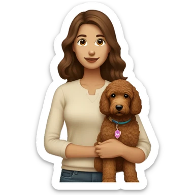 woman with straight brown hair holding a brown mini golden doodle sticker
