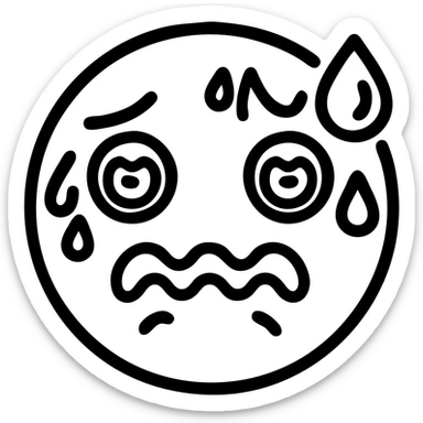 Make the smiley emoji look even more anxious by exaggerating the worried eyes, adding more sweat drops, trembling mouth, and furrowed brows. Keep icon style with clean lines and simple color palette, no background. sticker