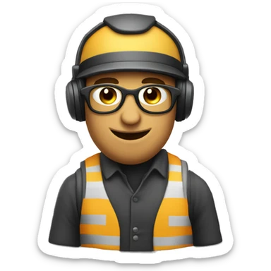 Quiero un emogi empresarial con un casco y lentes de seguridad con tapones auditivos, que dea color de piel claro sticker