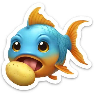 goldfish eating a potatoes that have blue hair sticker