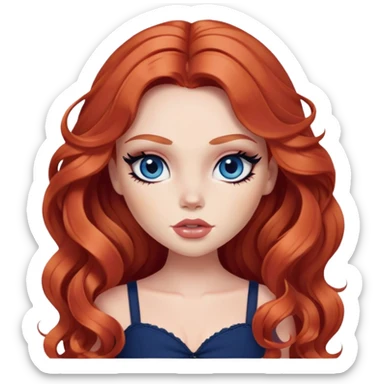  long wavy red hair, pale skin, dark blue eyes, pretty bratz baddie, black eyeliner, blush sticker
