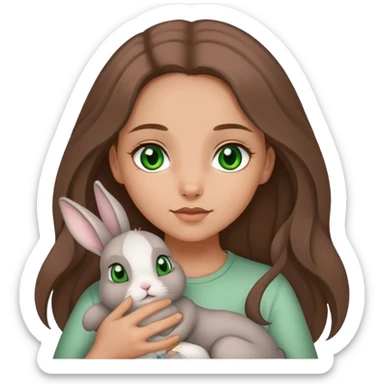 Long brown haired, green eyed girl holding a gray bunny. The bunny has floppy ears. sticker