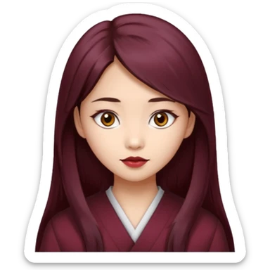 asian girl, long dark burgundy brown hair, hazel brown eyes, half lidded eyes, wolfcut hairstyle sticker