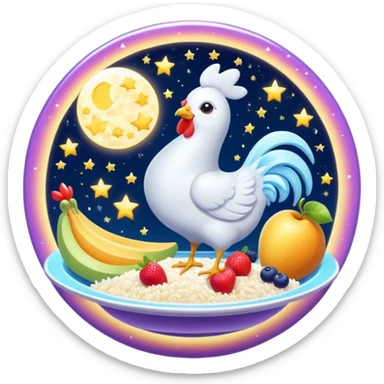 Magical fitness galaxy with ethereal glowing water bottle, celestial sun rays, enchanted floating chicken and rice plate, mystical sparkling gym equipment, luminous yogurt, twinkling fruit pieces, and dreamy moon and stars, all orbiting in perfect harmony within a cosmic starry circle sticker