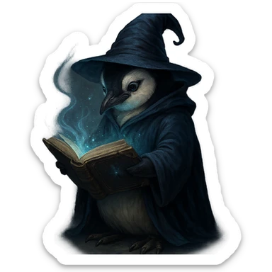 penguin wizard reading a spellbook, mystical atmosphere sticker