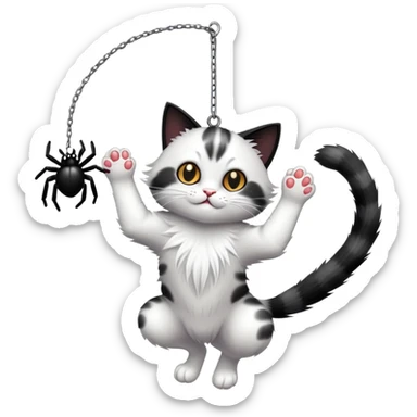 A playful cat batting at a dangling spider with its paw fully extended sticker
