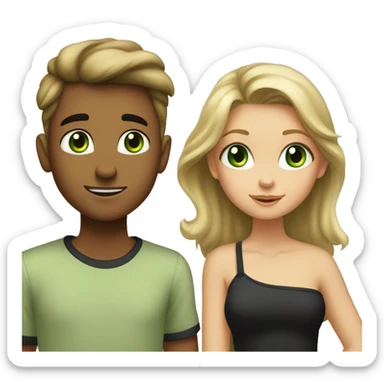 boy and girl with dirty-blond hair and light green eyes. Boy is wearing light khaki t shirt. Girl is wearing off shoulders black top. They are looking at each other lovingly. Boy is taller than girl. sticker