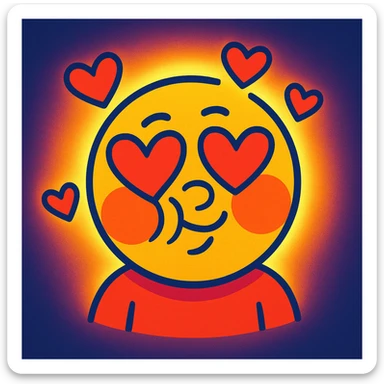 Add a glowing aura and floating hearts to the vibrant toon face with heart eyes, cheeks puffed out, playful smirk, blushing. sticker