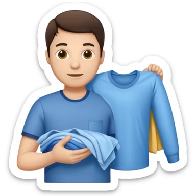 brunette man holding laundry sticker